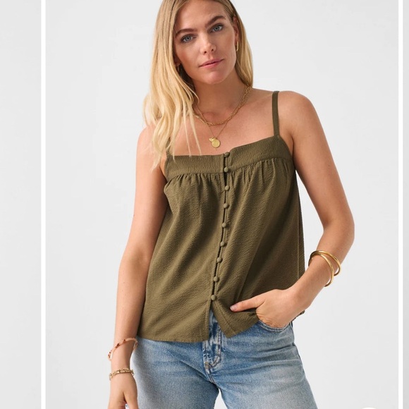 Faherty Marina Seersucker Olive Green Button-Up Women's Top - Picture 1 of 7